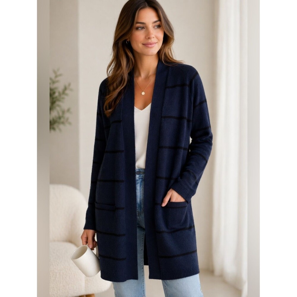 Autumn Cashmere 100% Cashmere Cardigan M Navy Black Striped Long Open Front